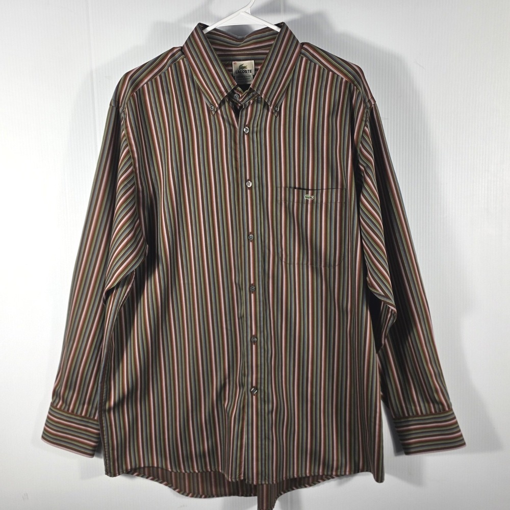 Lacoste Mens Brown Multi Color Striped Long Sleeve Button Down Shirt Size 45 XL - Picture 3 of 10